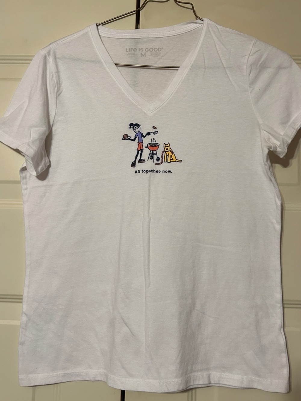 Life Is Good White V-Neck Tee with Dog & Grill Graphic